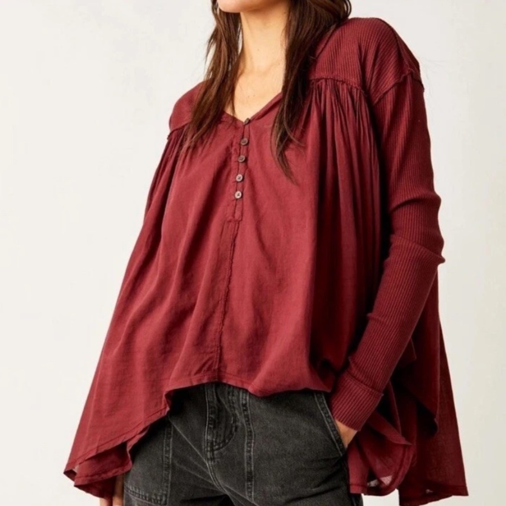 Free People Lyrical Tunic Mulberry Slouchy Boho Long Sleeve shirt Flowy Small